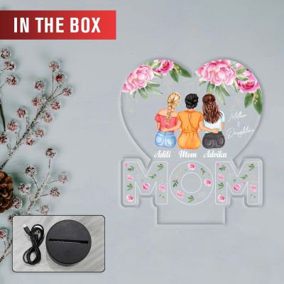 Personalized Mom with Two Daughters Acrylic LED Lamp with UV Print – Auto Color Changing Night Light Mother’s Day Gift